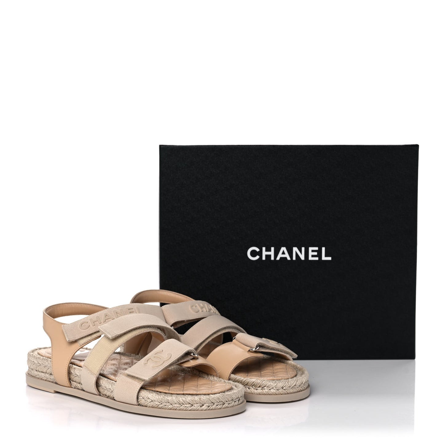 Stretch Fabric Lambskin CC Flat Sandals 40 Beige