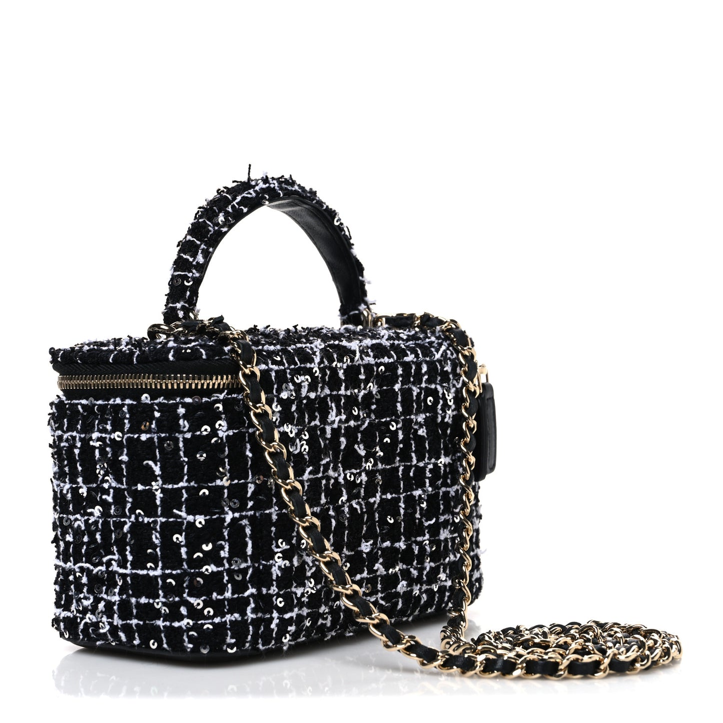 Tweed Sequin Small Top Handle Vanity Case With Chain Black White