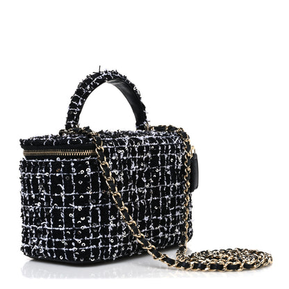 Chanel Tweed Sequin Small Top Handle Vanity Case With Chain Black White 3 of 11