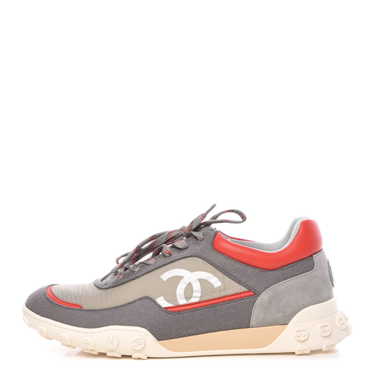 Nylon Calfskin Suede Mens CC Sneakers 45 Grey Red