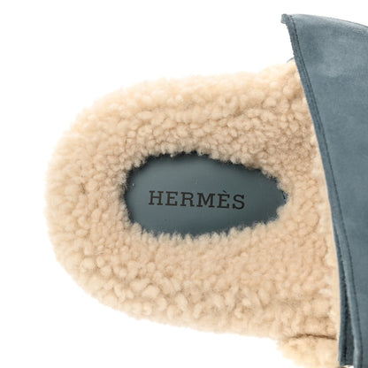Hermes Suede Goatskin Woolskin Womens Chypre Sandals 38 Bleu Pinede Ecru 7 of 8