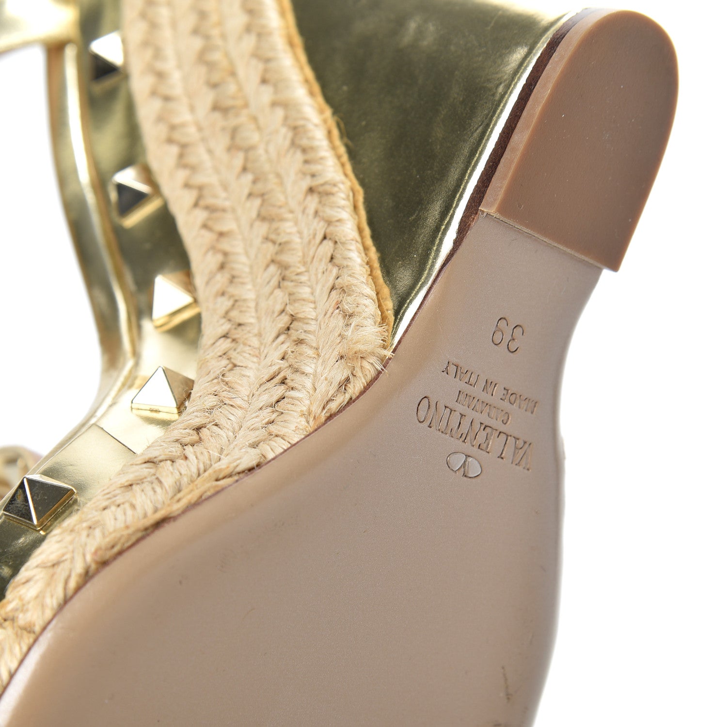 Valentino Garavani Metallic Calfskin Raffia Rockstud T-Strap Slingback Espadrille Wedge Sandals 39 Gold 12 of 21