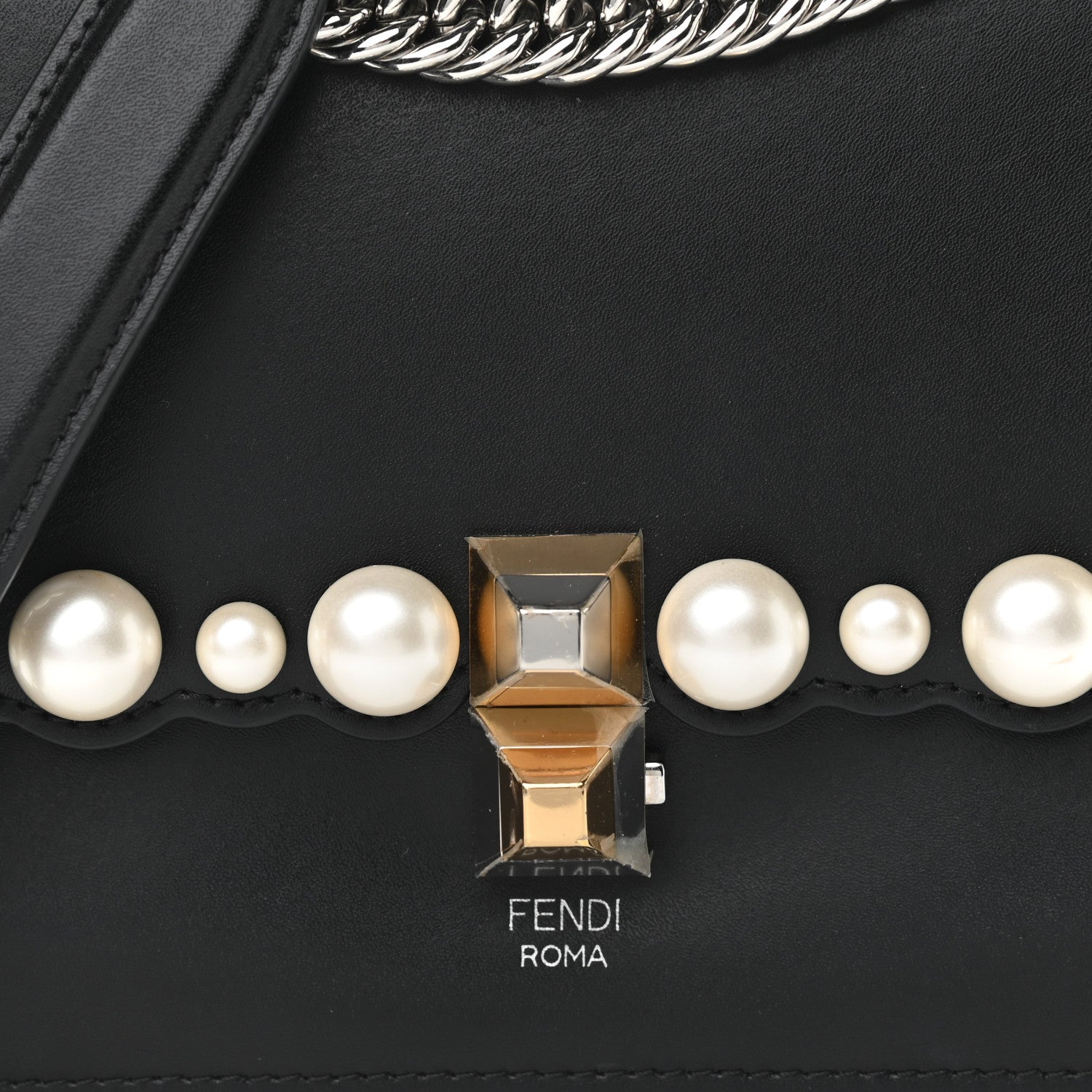 Fendi Vitello Liberty Pearl Scalloped Studded Small Kan I Shoulder Bag Black 8 of 12