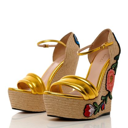 Gucci Metallic Nappa Ophelia Espadrille Platform Wedge Sandals 38 Oro Vecchio 3 of 14
