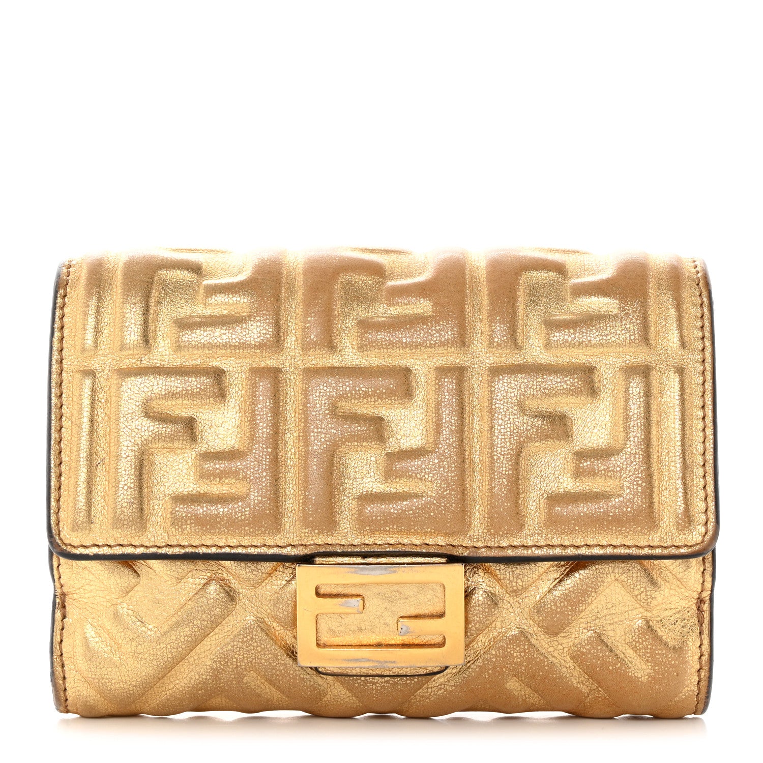 Fendi Vitello Catalan Mirror FF 1974 Embossed Medium Wallet Gold 1 of 15