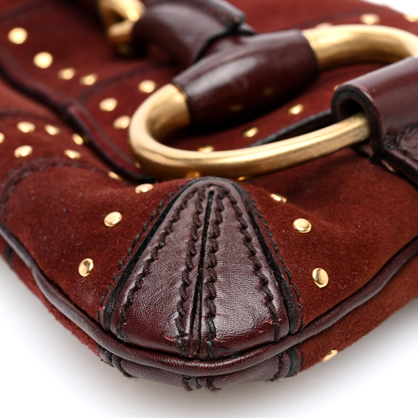Suede Studded Horsebit Clutch Bag Burgundy