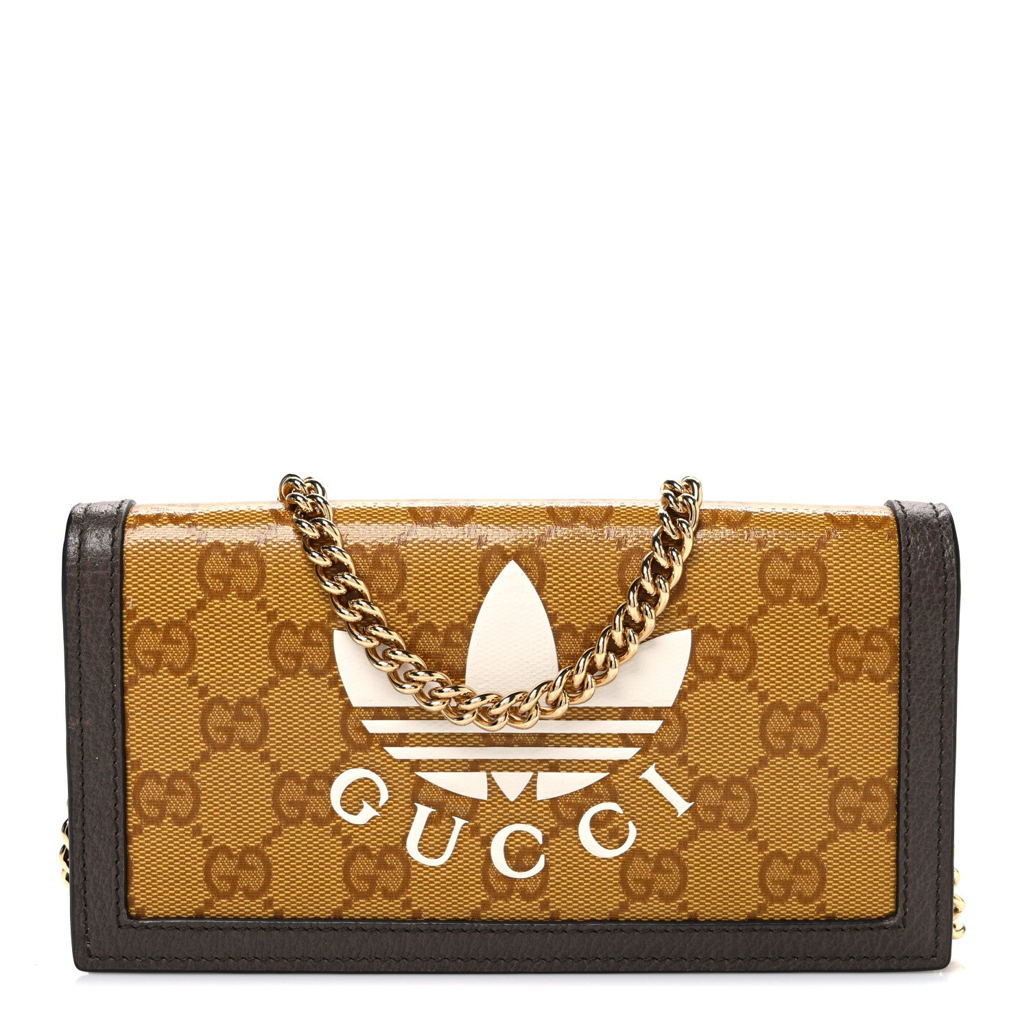 Gucci X ADIDAS Monogram Trefoil Embossed Wallet On Chain Brown 1 of 10