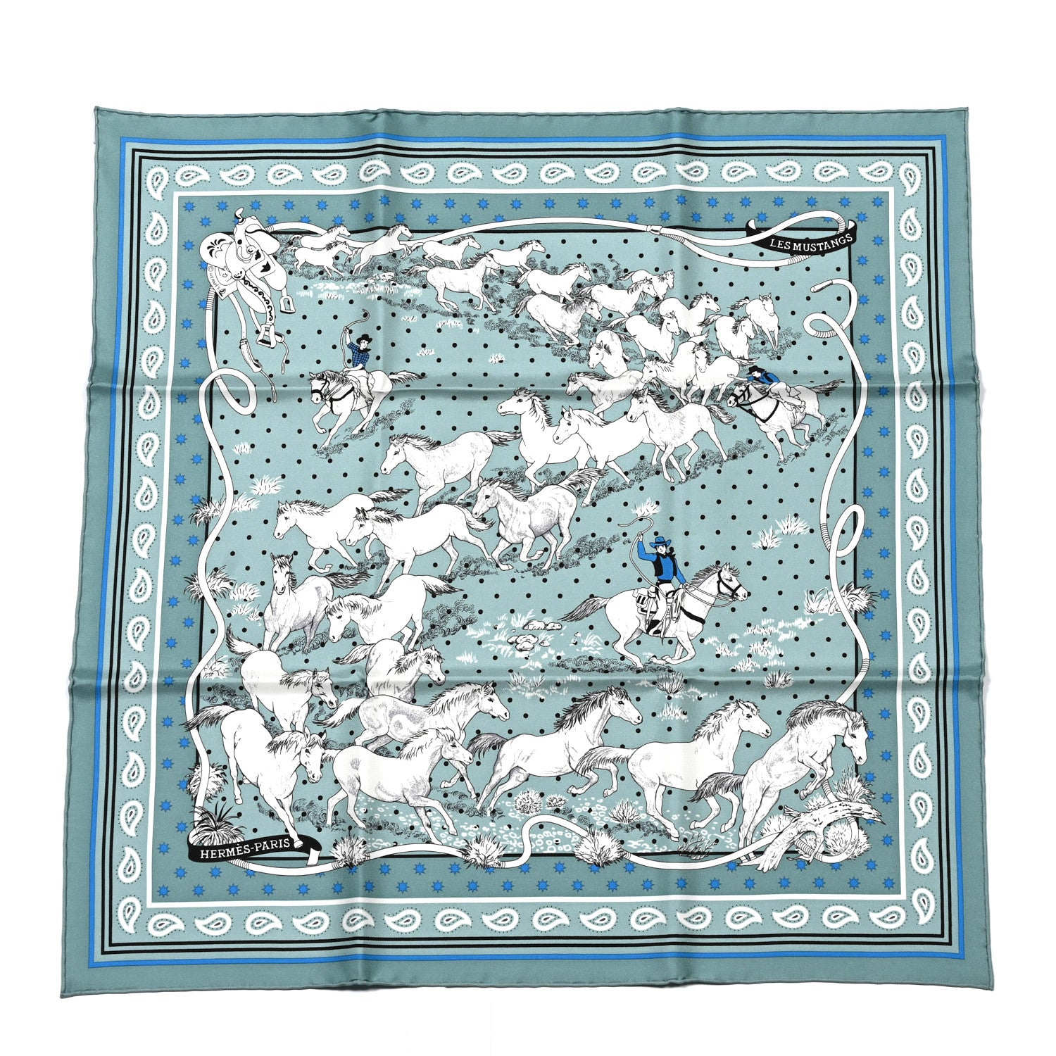 Hermes Silk Les Mustangs Bandana 55 Vert De Gris Bleu 1 of 5