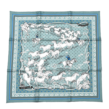 Hermes Silk Les Mustangs Bandana 55 Vert De Gris Bleu 1 of 5