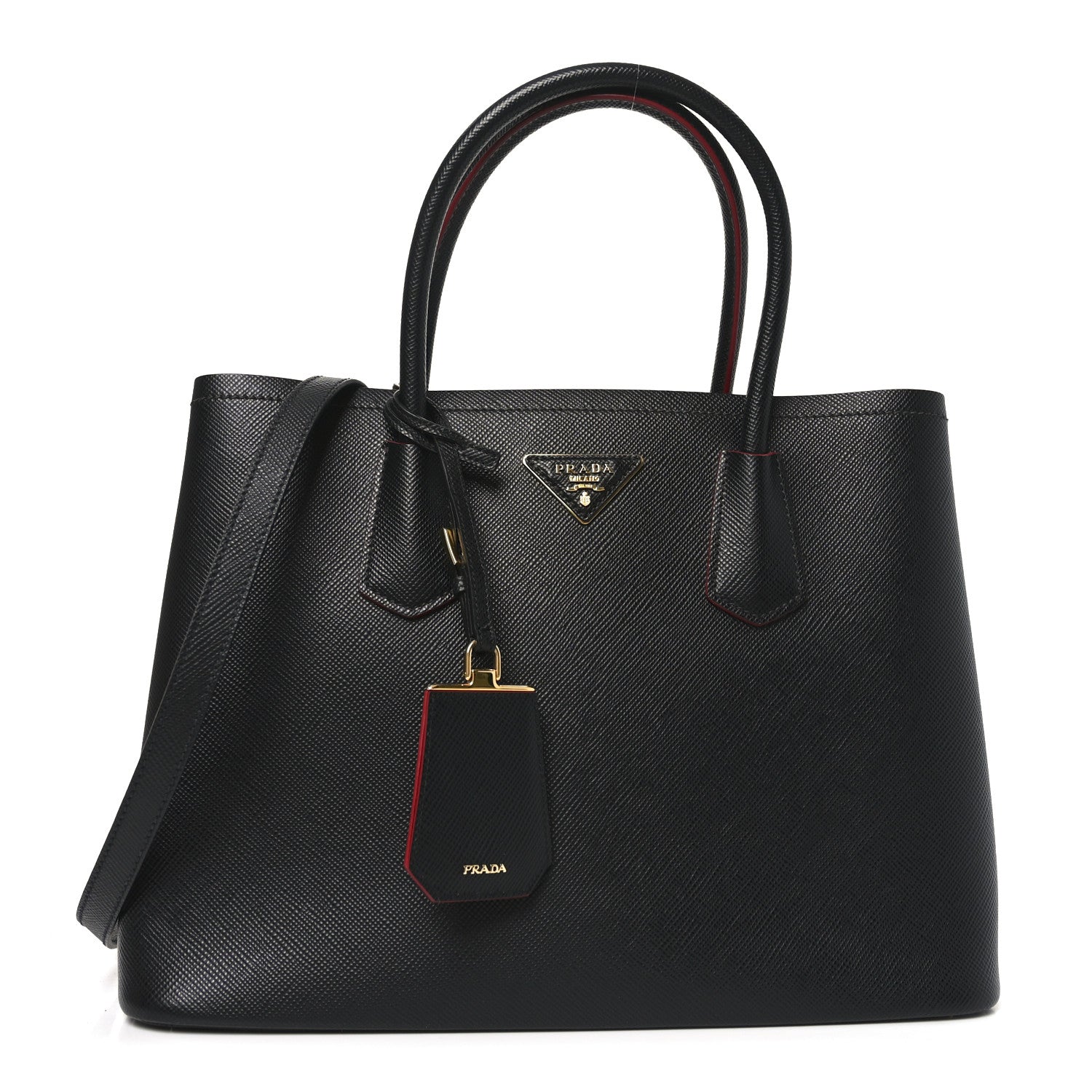 Prada Saffiano Cuir Medium Double Bag Black Fuoco 1 of 9