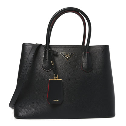 Prada Saffiano Cuir Medium Double Bag Black Fuoco 1 of 9