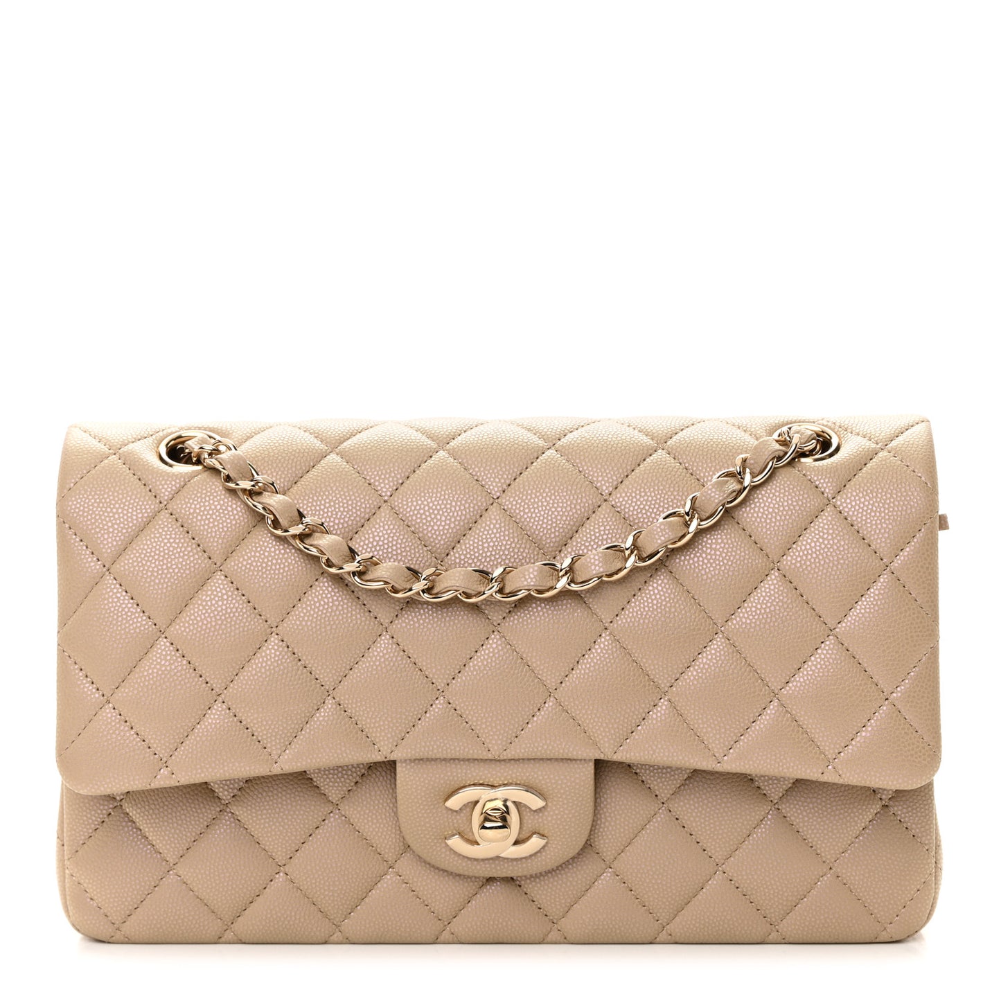 Iridescent Caviar Quilted Medium Double Flap Dark Beige