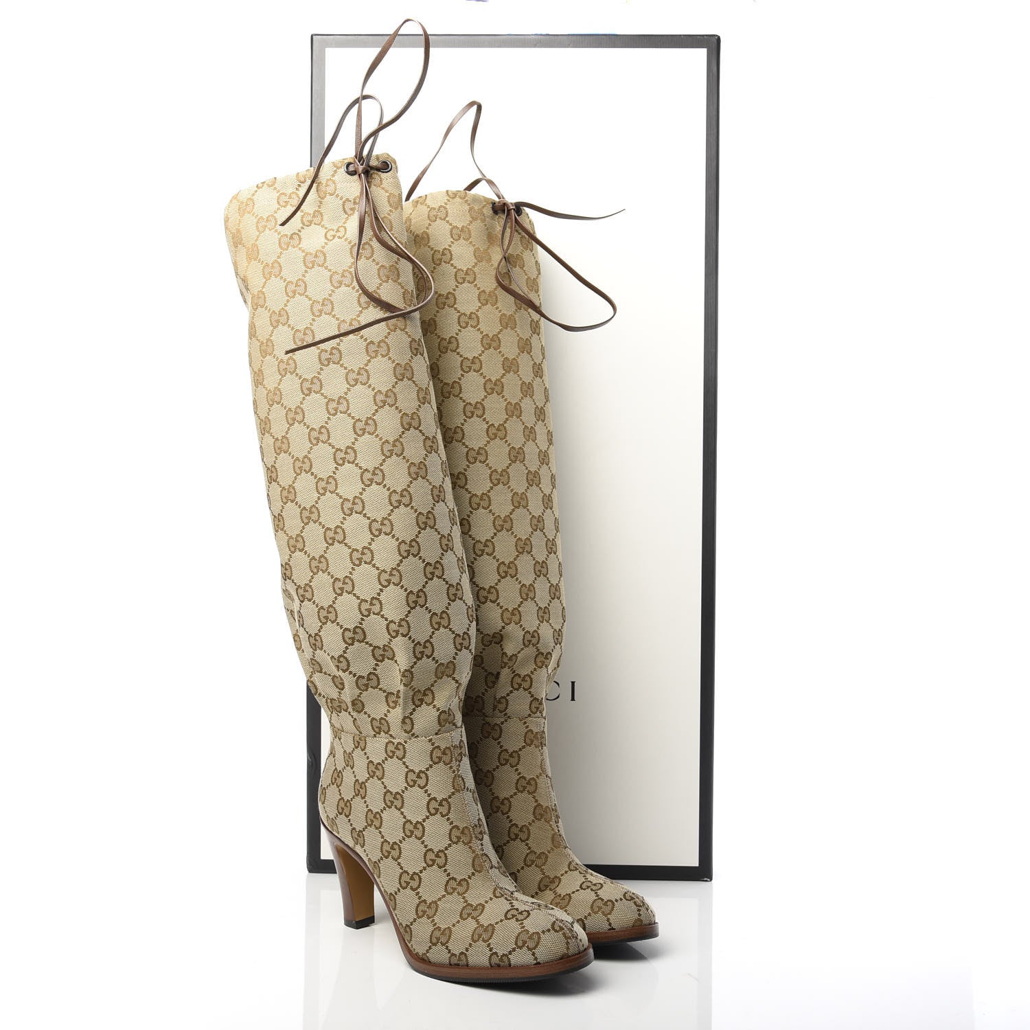 Gucci Monogram Malaga Kid Lisa Mid Heel Boots 35.5 Beige Ebony 8 of 8