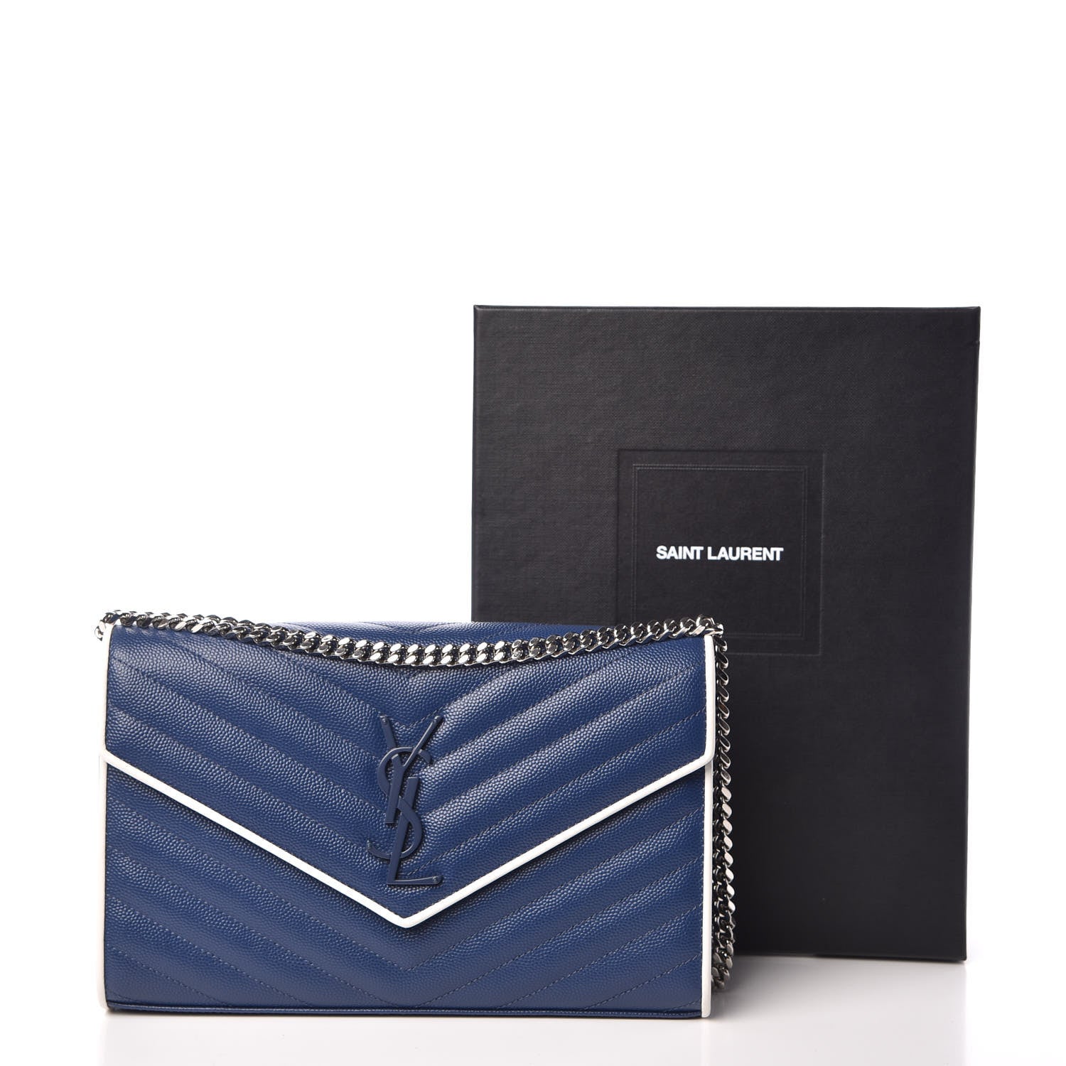 Saint Laurent Grain De Poudre Matelasse Monogram Chain Wallet Denim Bianco Ottico 10 of 10