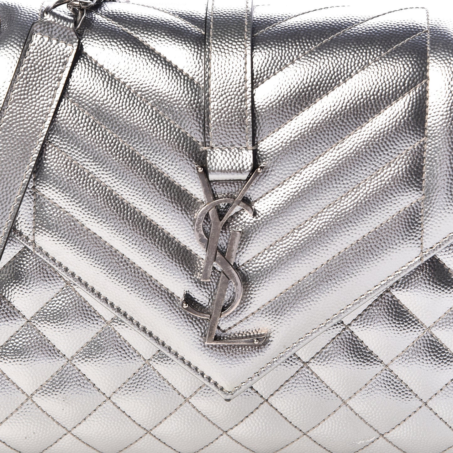 Metallic Grain De Poudre Textured Mixed Matelasse Triquilt Medium Monogram Satchel Silver