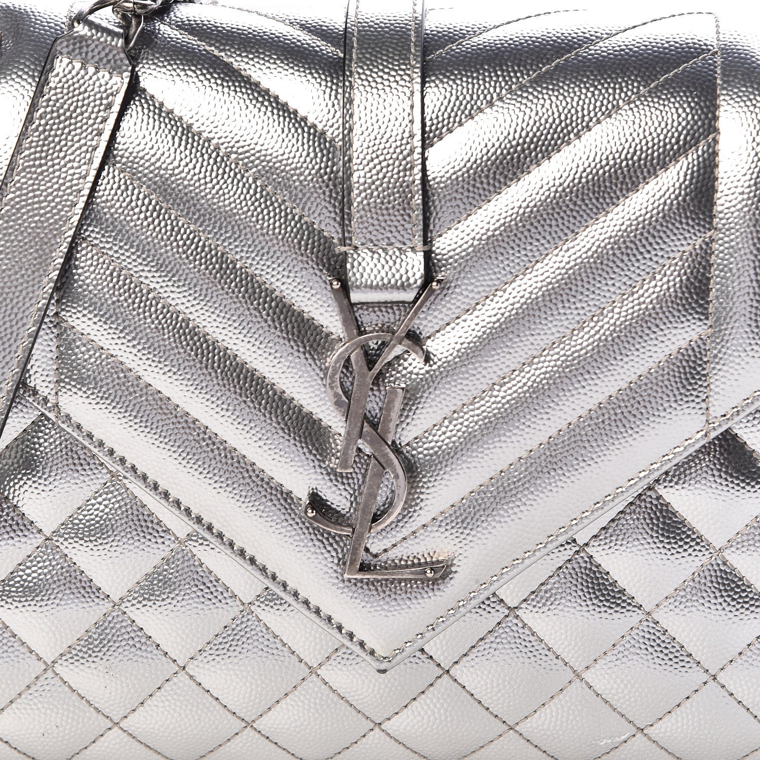 Saint Laurent Metallic Grain De Poudre Textured Mixed Matelasse Triquilt Medium Monogram Satchel Silver 9 of 10