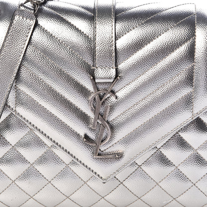 Saint Laurent Metallic Grain De Poudre Textured Mixed Matelasse Triquilt Medium Monogram Satchel Silver 9 of 10