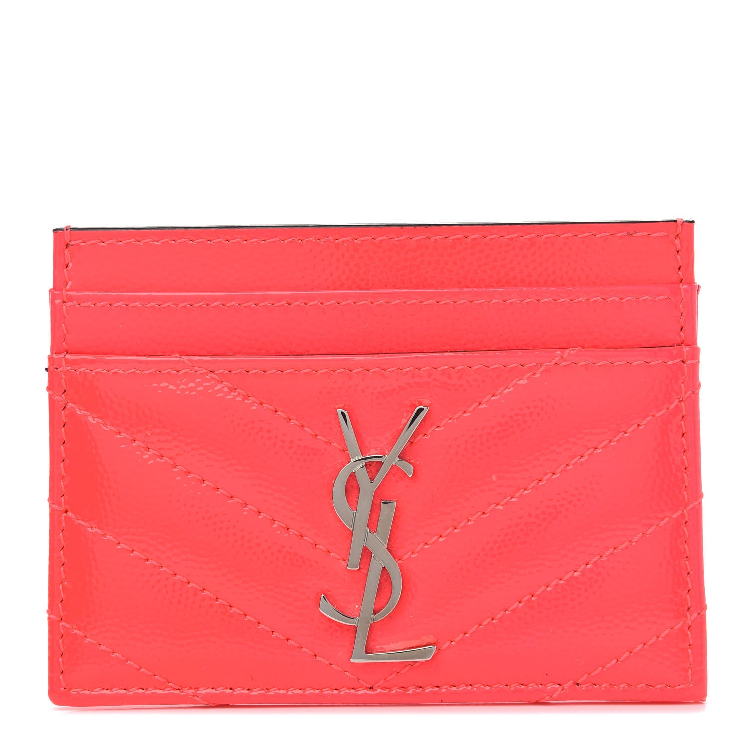 Saint Laurent Grain De Poudre Matelasse Chevron Monogram Credit Card Case Neon Pink 1 of 8
