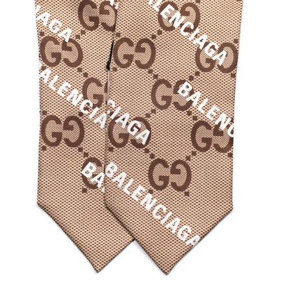 Gucci X BALENCIAGA Silk Twill Maxi GG Monogram GG B Neck Bow Scarf Beige White 2 of 3