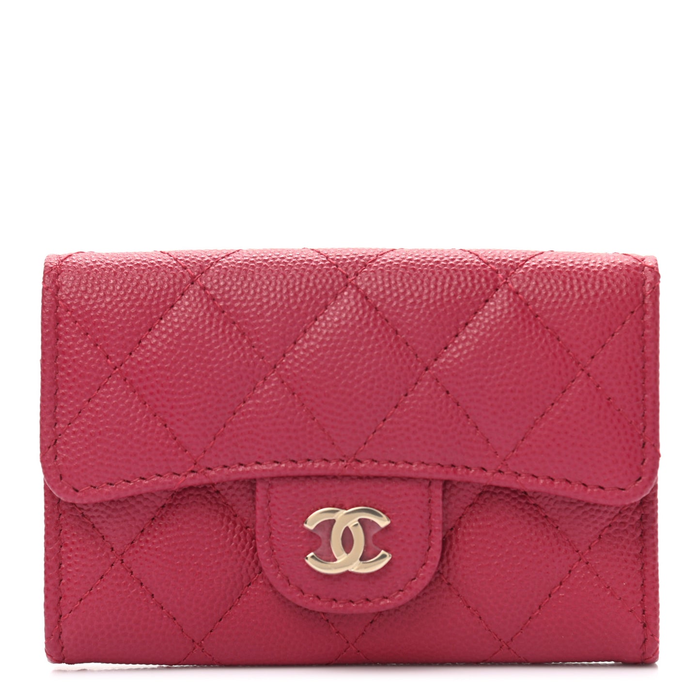 Caviar Quilted Flap Card Holder Wallet Dark Pink