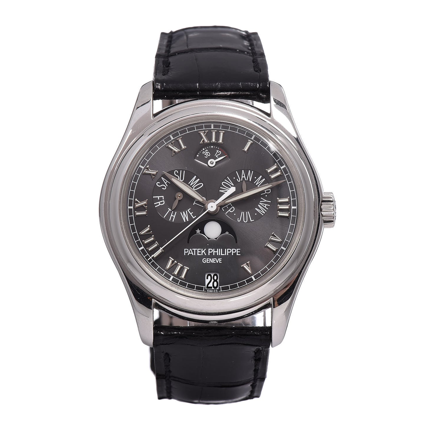 Platinum Alligator 37mm Annual Calendar Moonphase Automatic Watch Black 5056P-001