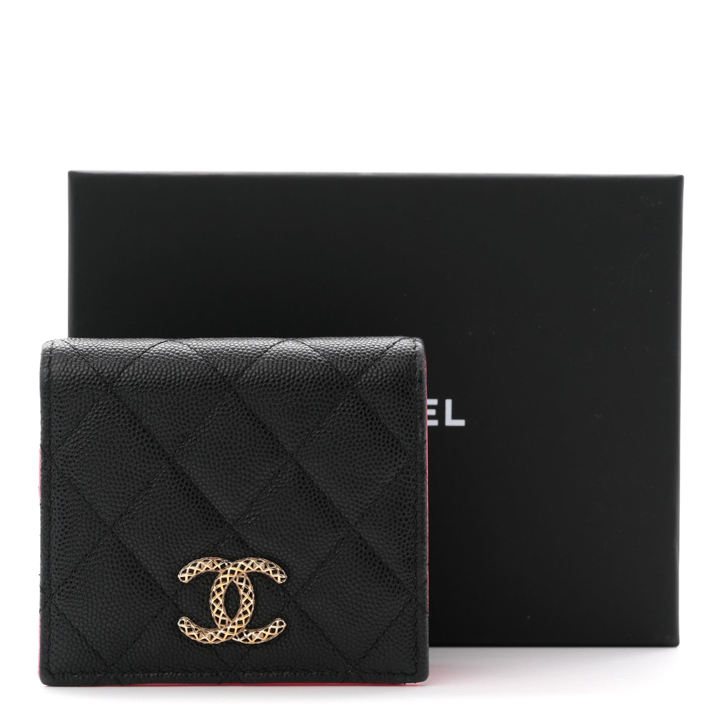 Caviar Metal Perforated Quilted CC Compact Bifold Wallet Black