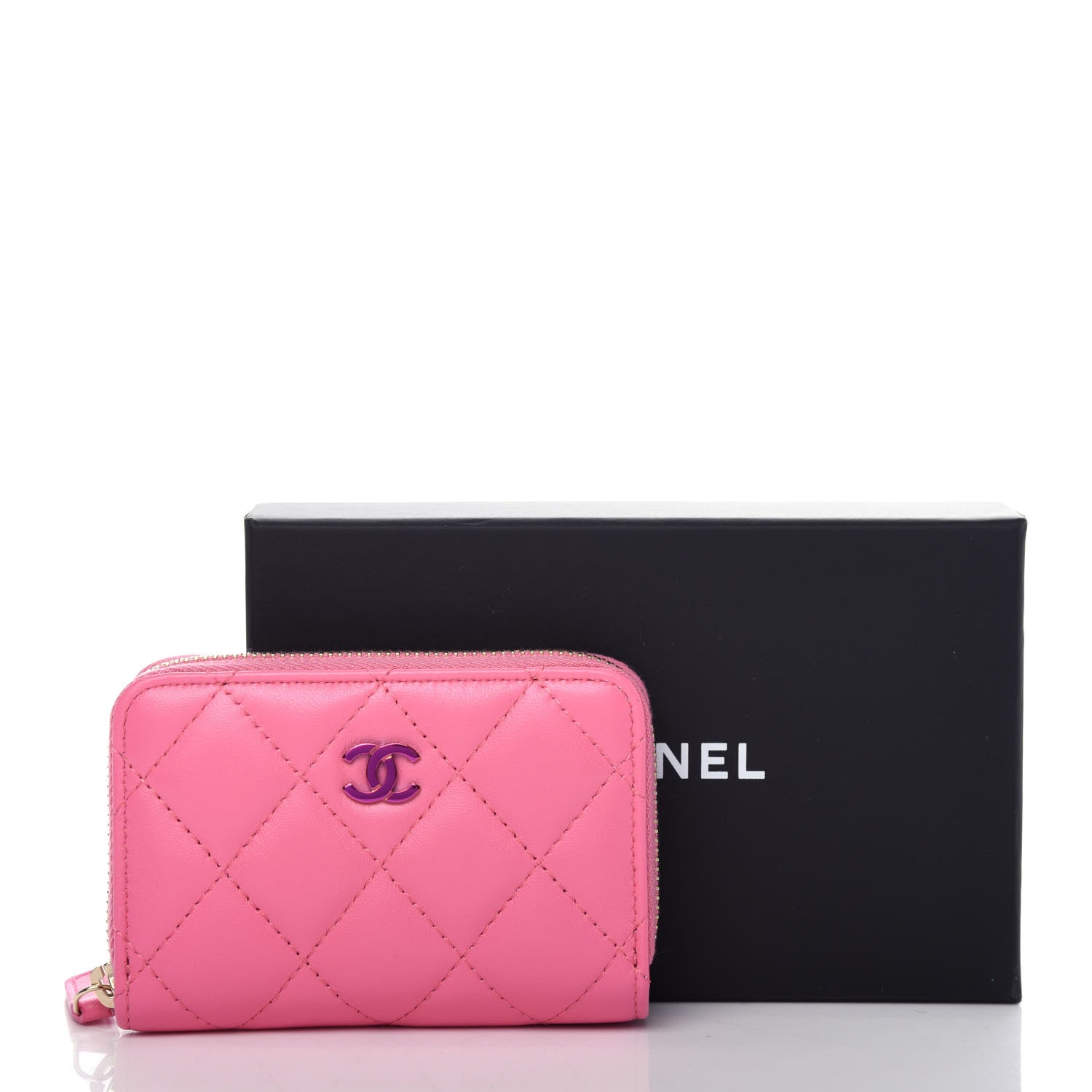Chanel Lambskin Quilted Zip Around Coin Purse Wallet Pink Yellow 8 of 8
