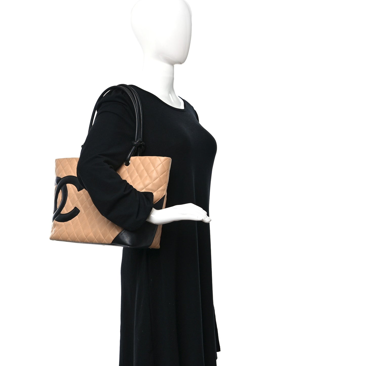 Calfskin Quilted Large Cambon Tote Beige Black