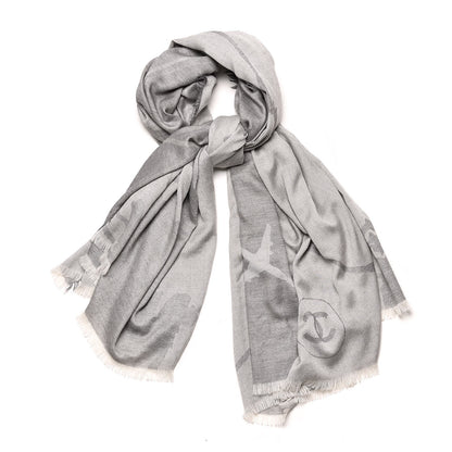 Chanel Cashmere Airplane Shawl Grey White 1 of 5