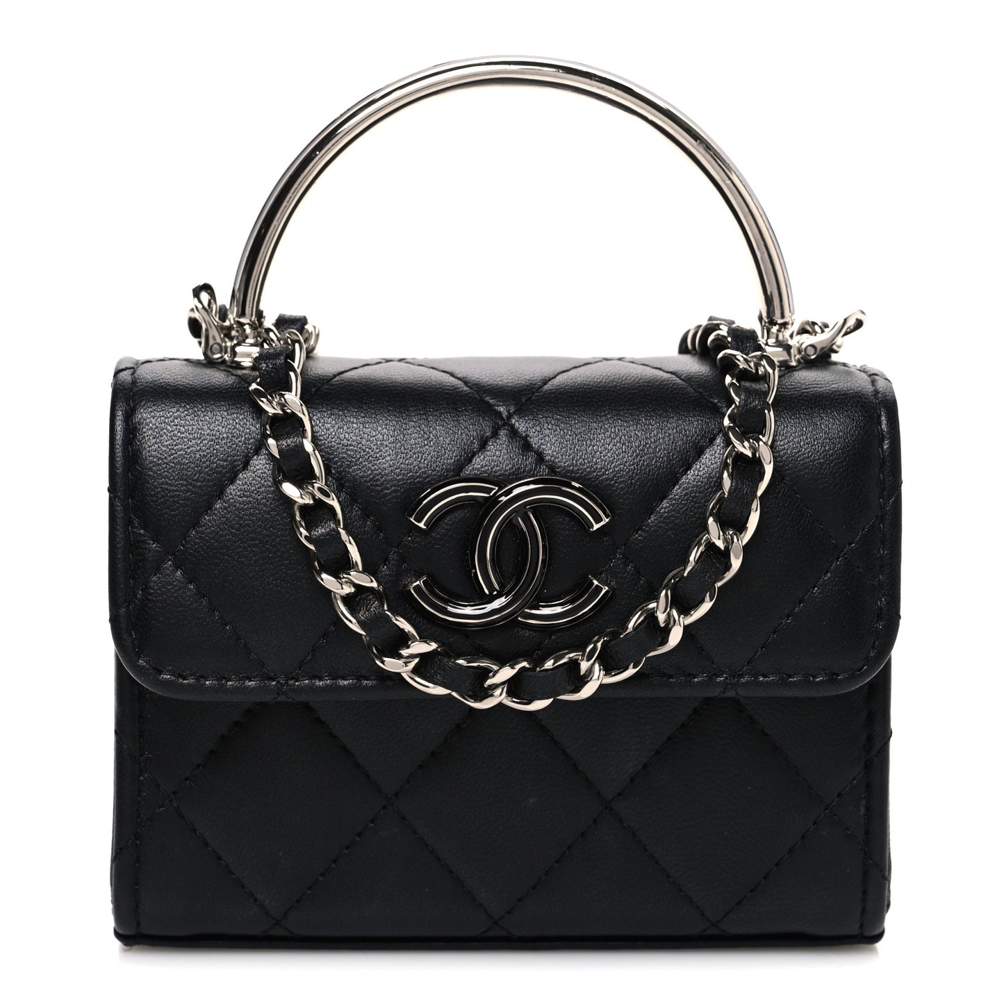 Lambskin Quilted Mini Metal Top Handle Flap Clutch With Chain  Black