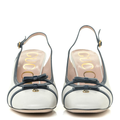 Gucci Malaga Kid Bow Bow Mid Heel Slingback Pumps 36.5 White Navy 2 of 16