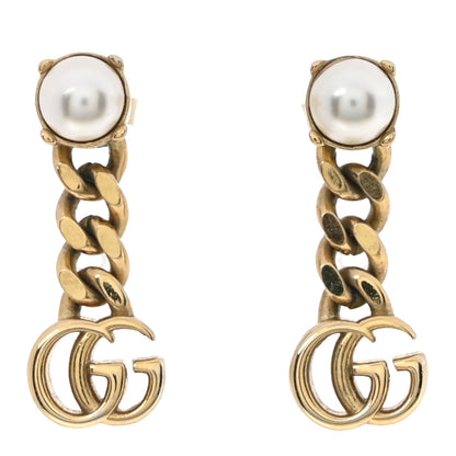 Gucci Metal Pearl Double G Chain Drop Earrings Gold 1 of 5