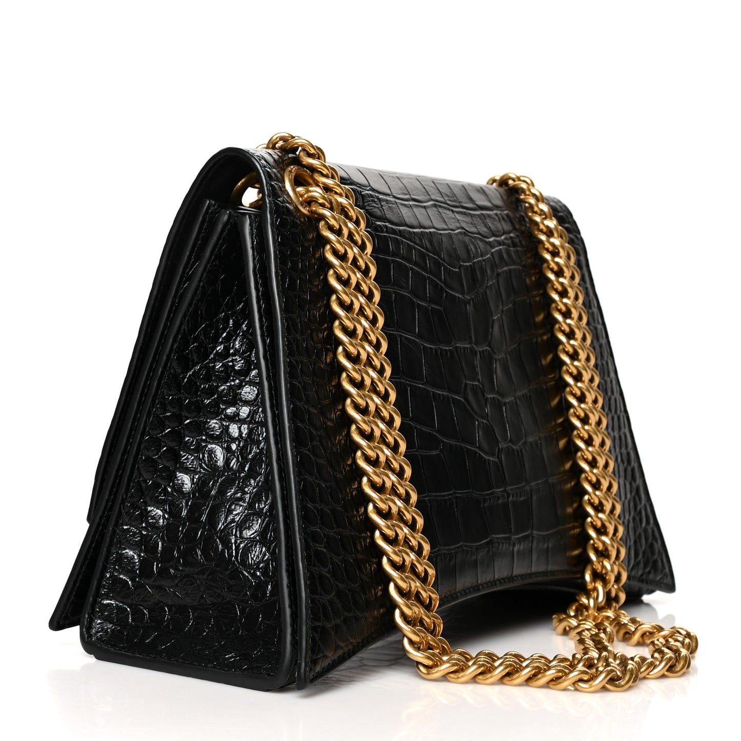 Extra Supple Calfskin Crocodile Embossed Medium Crush Chain Bag Black