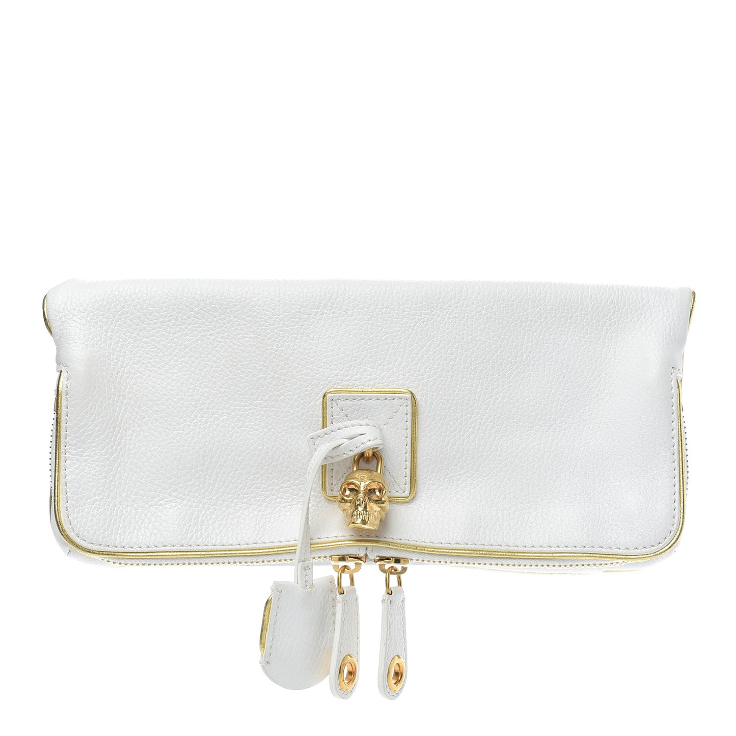 Grainy Calfskin Padlock Skull Clutch White