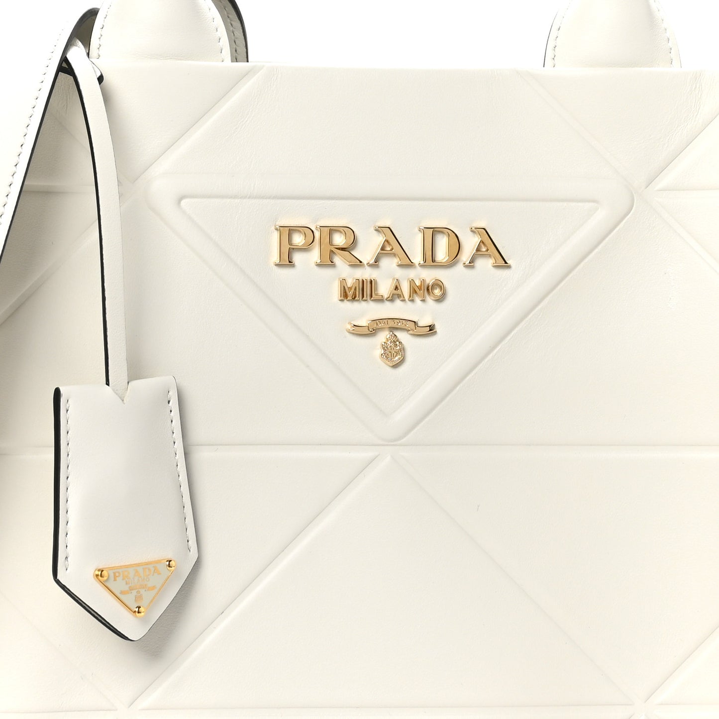 Soft Calfskin Triangolo Symbole Embossed Small Tote White