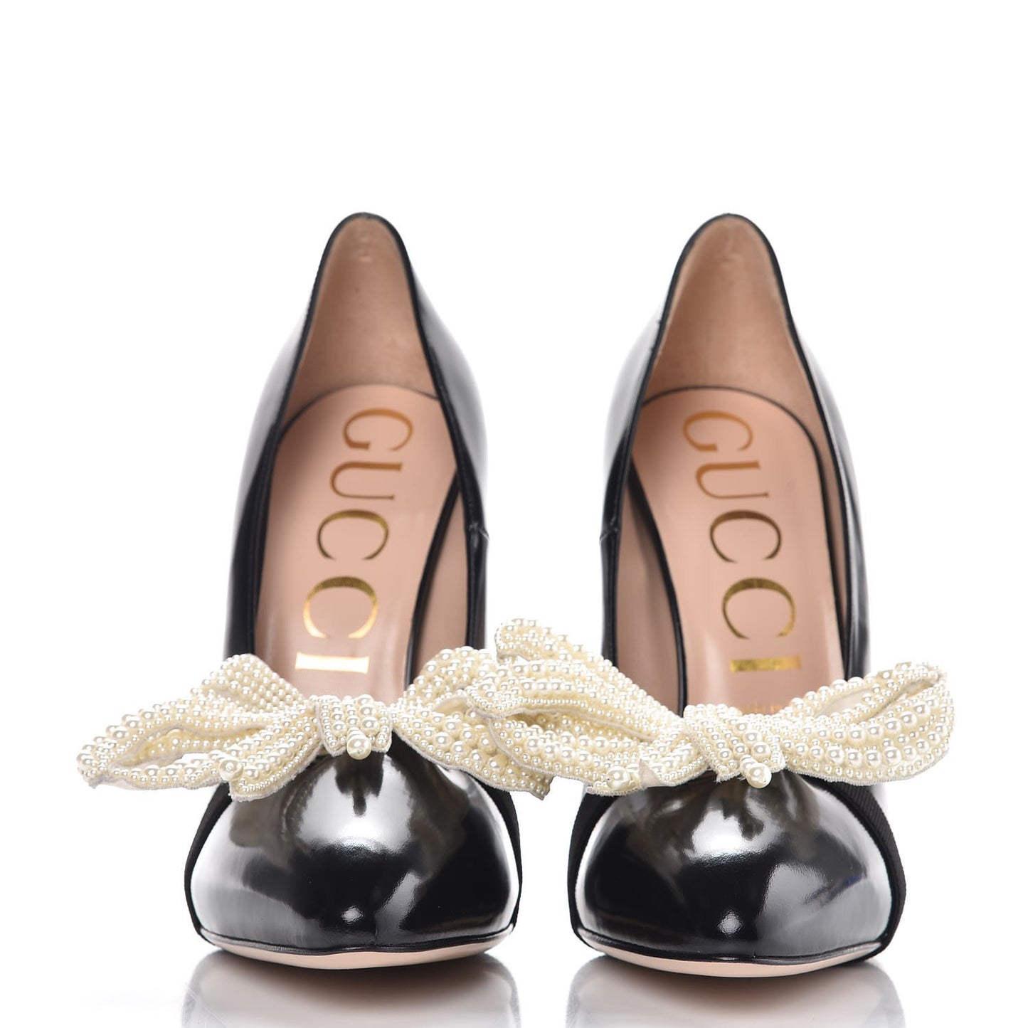 Polished Calfskin Removable Pearly Bow Elaisa Platform High Heel Pumps 40 Black