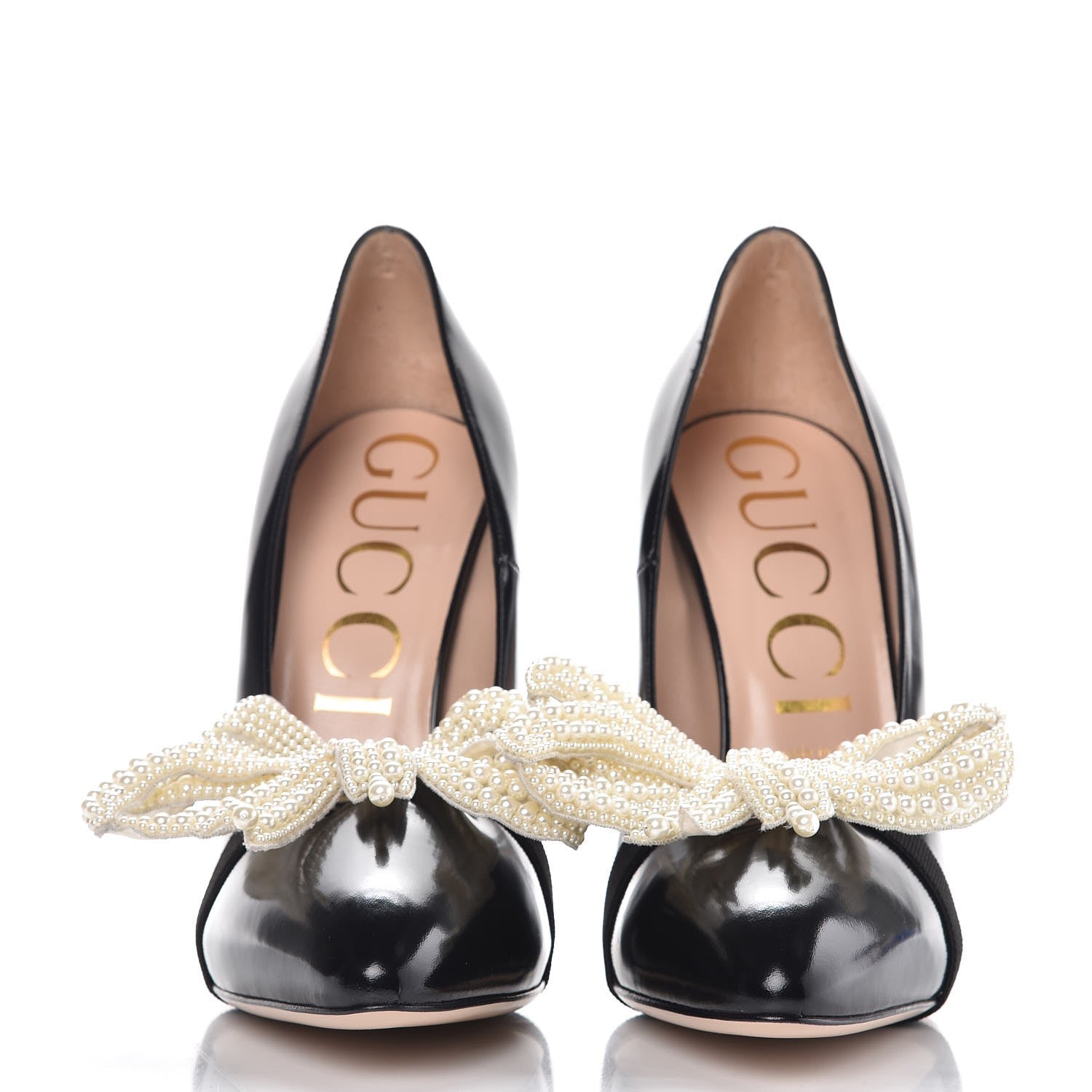 Gucci Polished Calfskin Removable Pearly Bow Elaisa Platform High Heel Pumps 40 Black 5 of 14