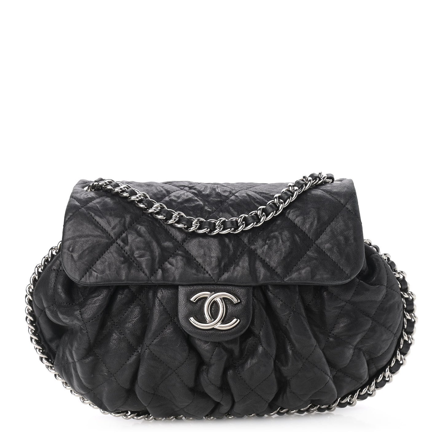 Washed Lambskin Quilted Chain Around Messenger Black