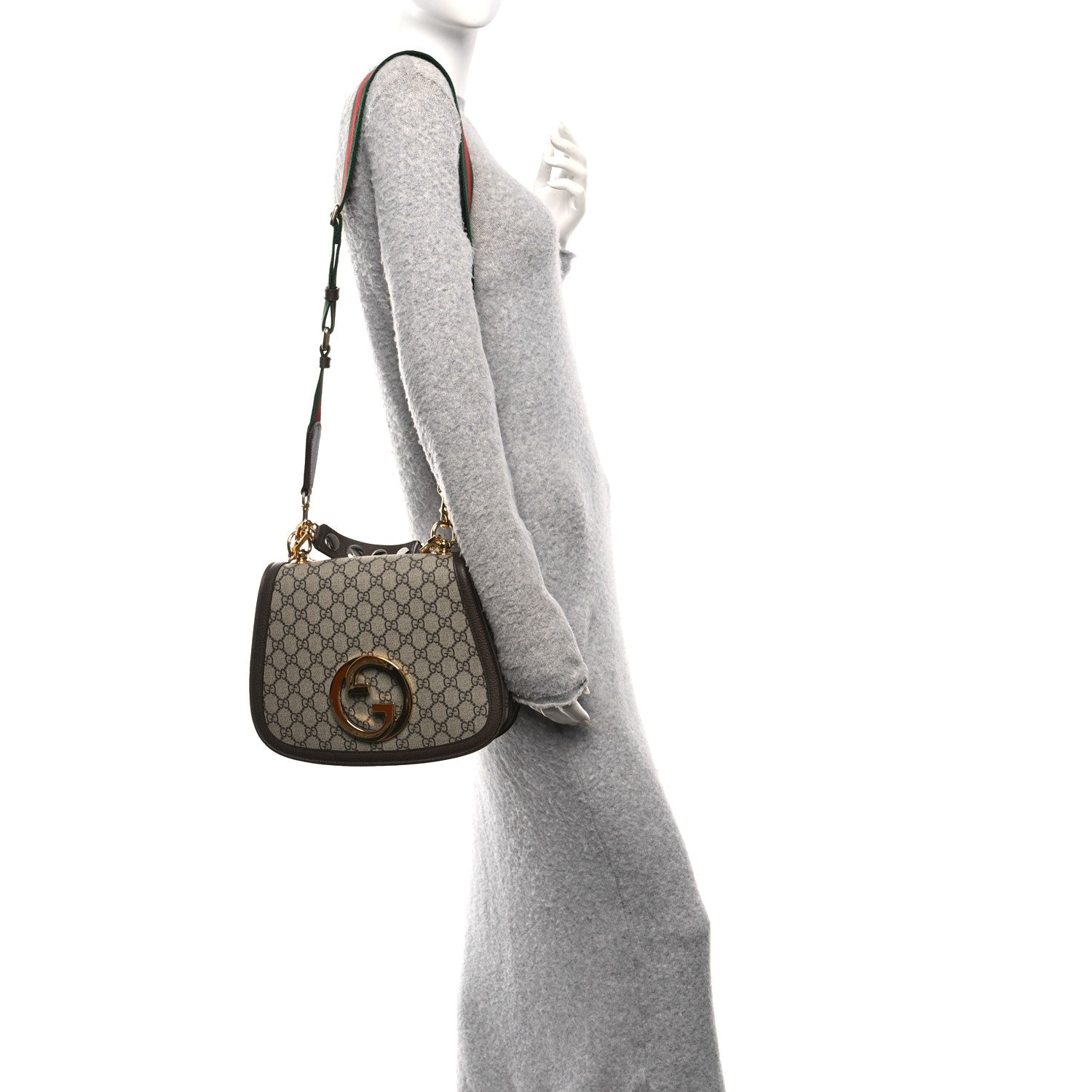 Gucci GG Supreme Monogram Textured Dollar Calfskin Web Medium Blondie Shoulder Flap Bag Beige Ebony New Acero 2 of 10