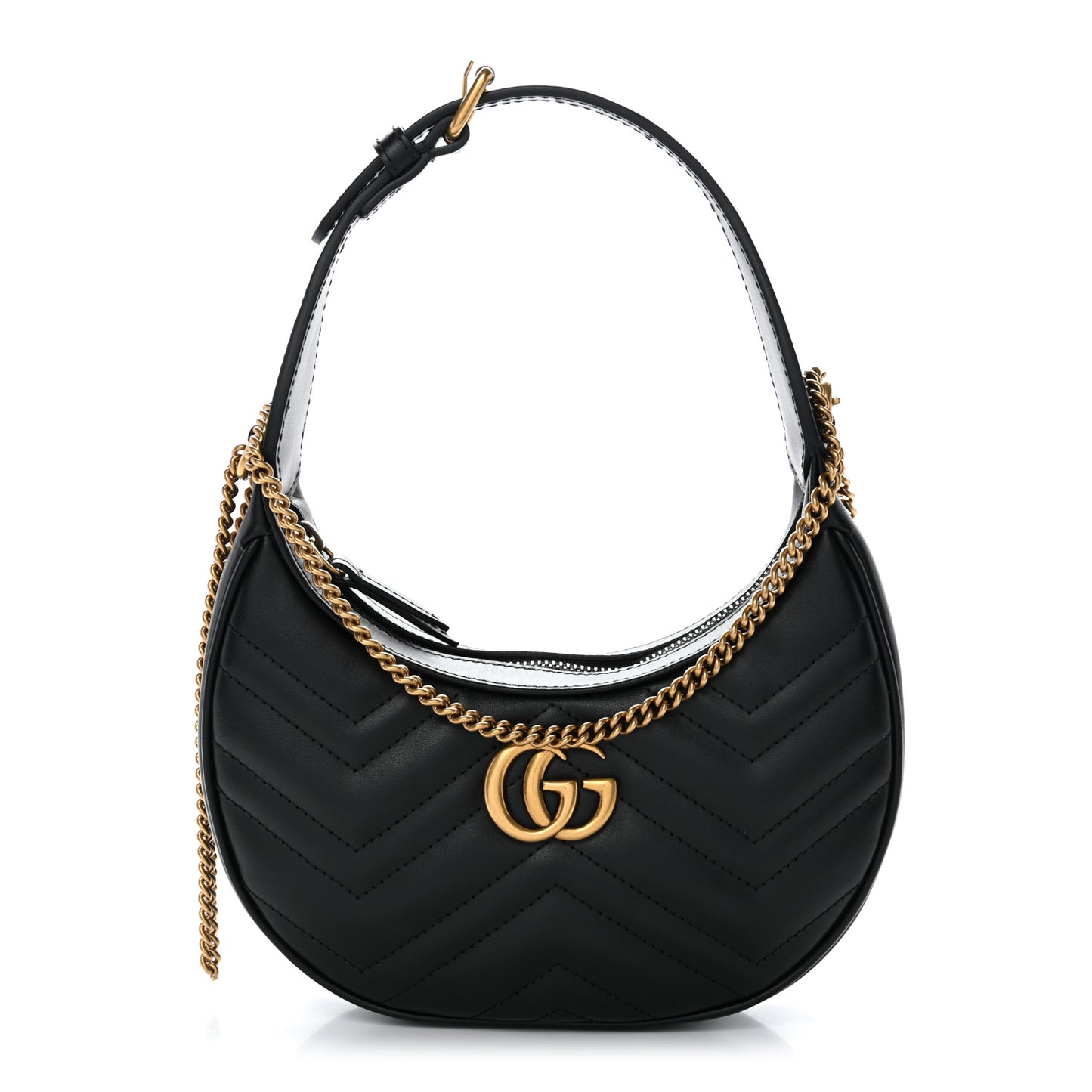 Calfskin Matelasse Chevron Mini GG Marmont Half Moon Hobo Black