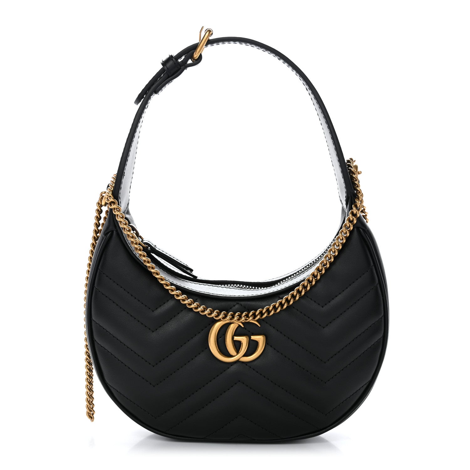 Gucci Calfskin Matelasse Chevron Mini GG Marmont Half Moon Hobo Black 1 of 10