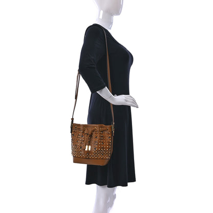 MCM Visetos Swarovski Crystal Studded Mini Drawstring Bucket Bag Cognac 2 of 12