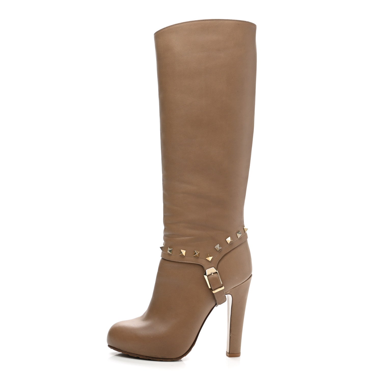 Valentino Garavani Calfskin Rockstud Knee High High Heel Boots 36.5 Tan 1 of 14