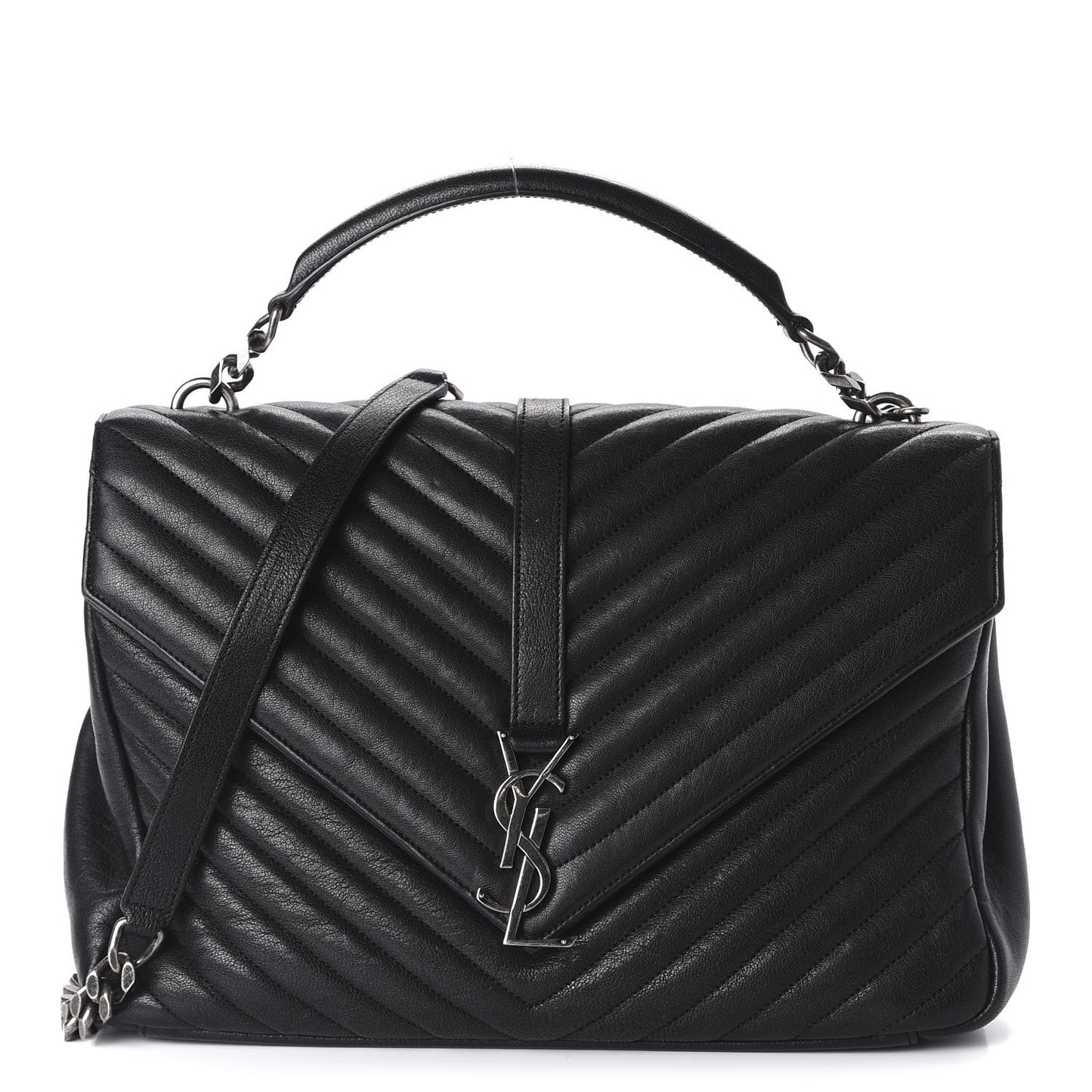 Sheepskin Matelasse Chevron Monogram Large College Satchel Black