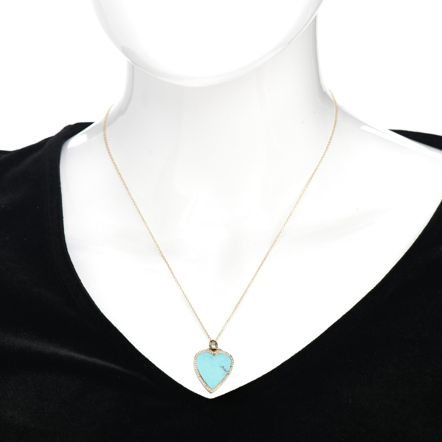 18K Yellow Gold Diamond Turquoise Heart Pendant Necklace