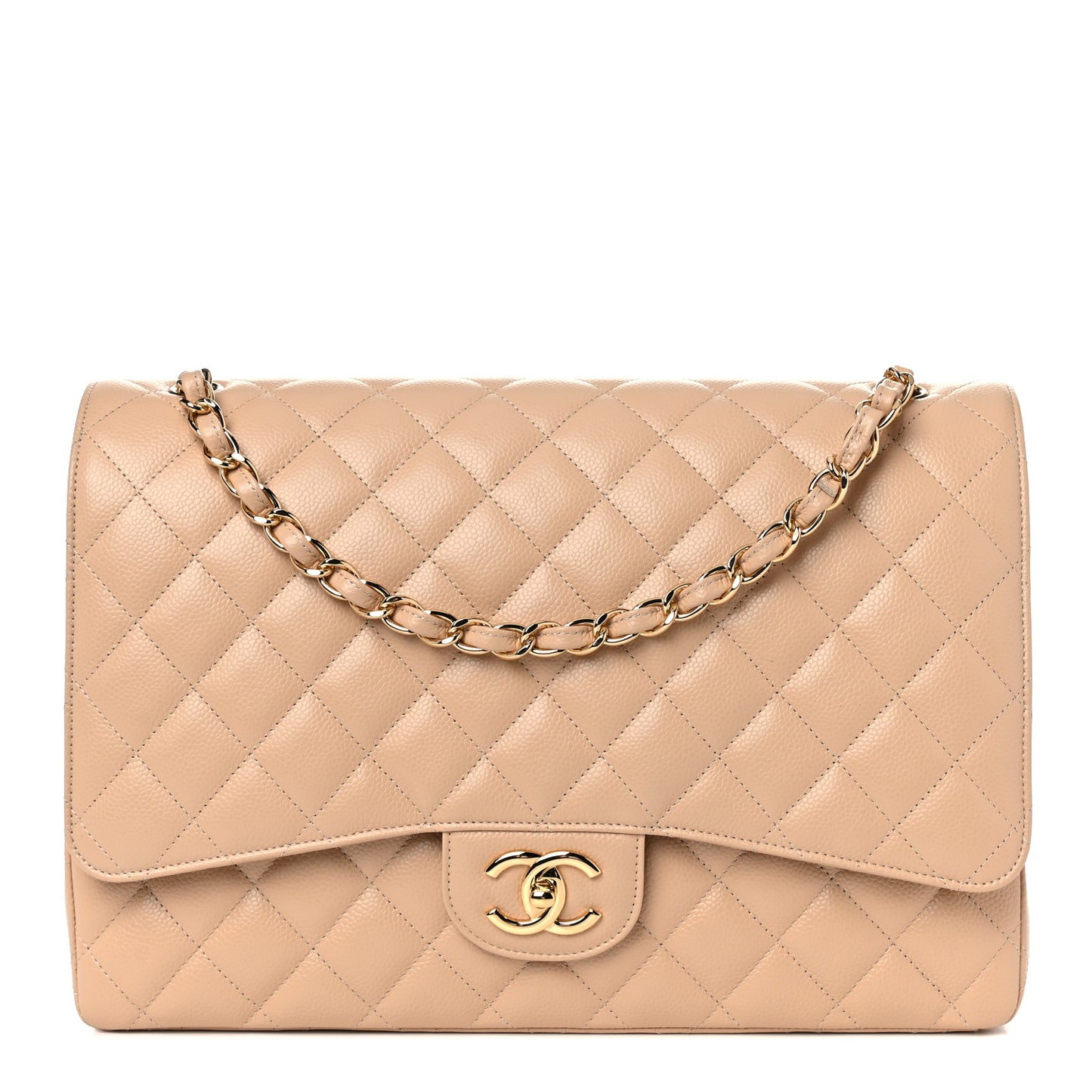 Caviar Quilted Maxi Double Flap Beige