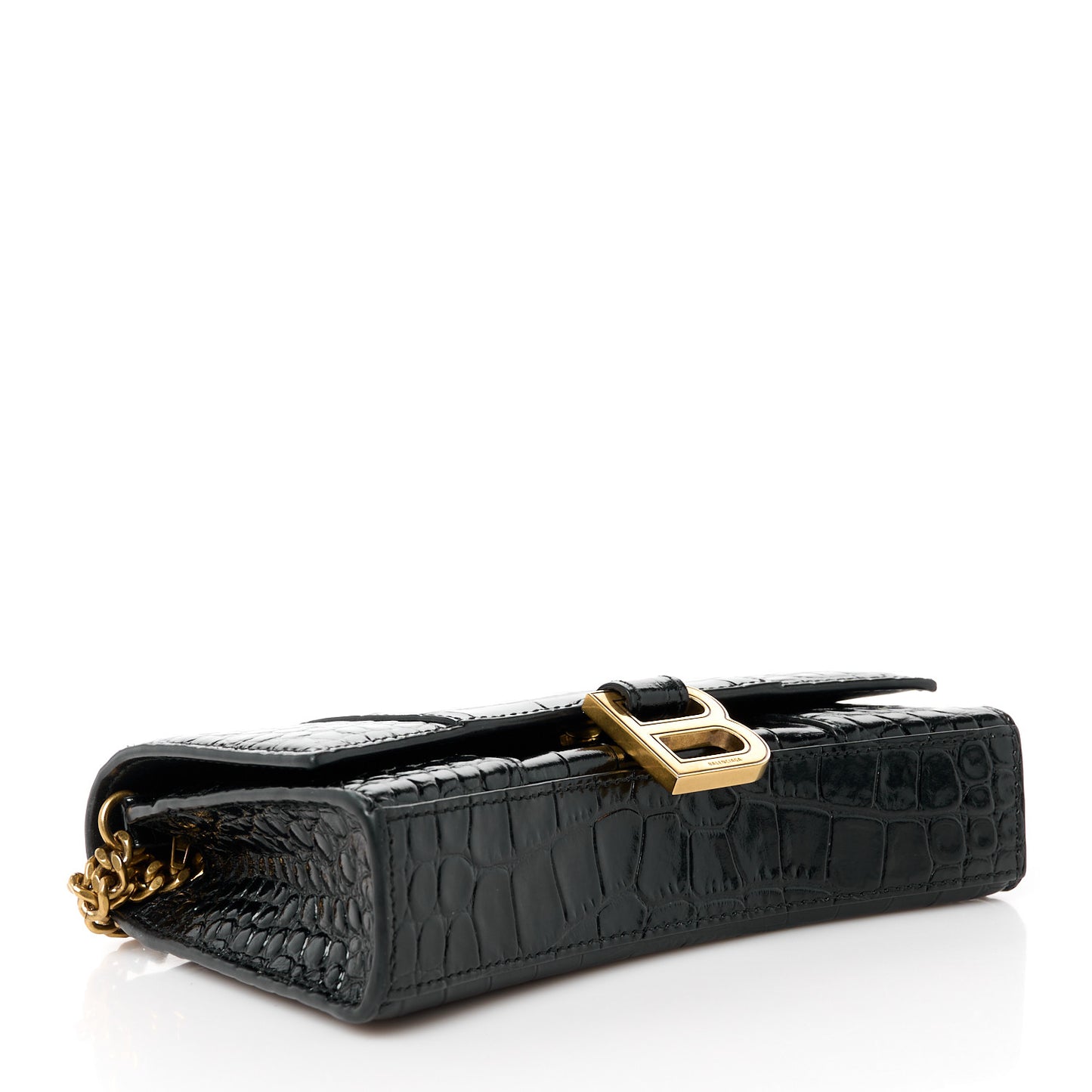 Shiny Calfskin Crocodile Embossed Hourglass Chain Bag Black