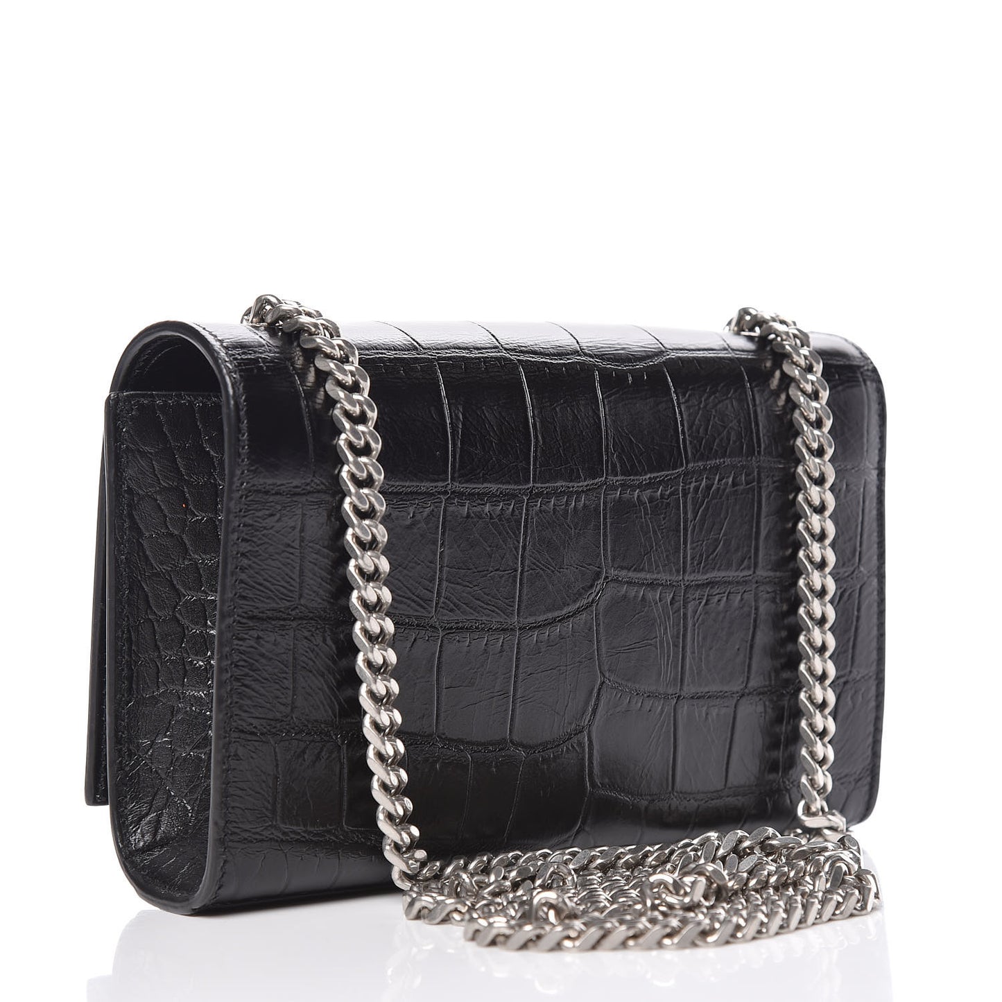 Calfskin Crocodile Embossed Small Classic Monogram Kate Tassel Satchel Black