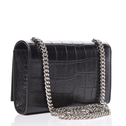 Saint Laurent Calfskin Crocodile Embossed Small Classic Monogram Kate Tassel Satchel Black 3 of 9