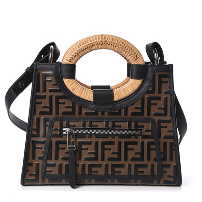 Fendi Vitello Century Wicker Bi-Color FF 1974 Embossed Small Runaway Shopper Tote Maya Black 1 of 9